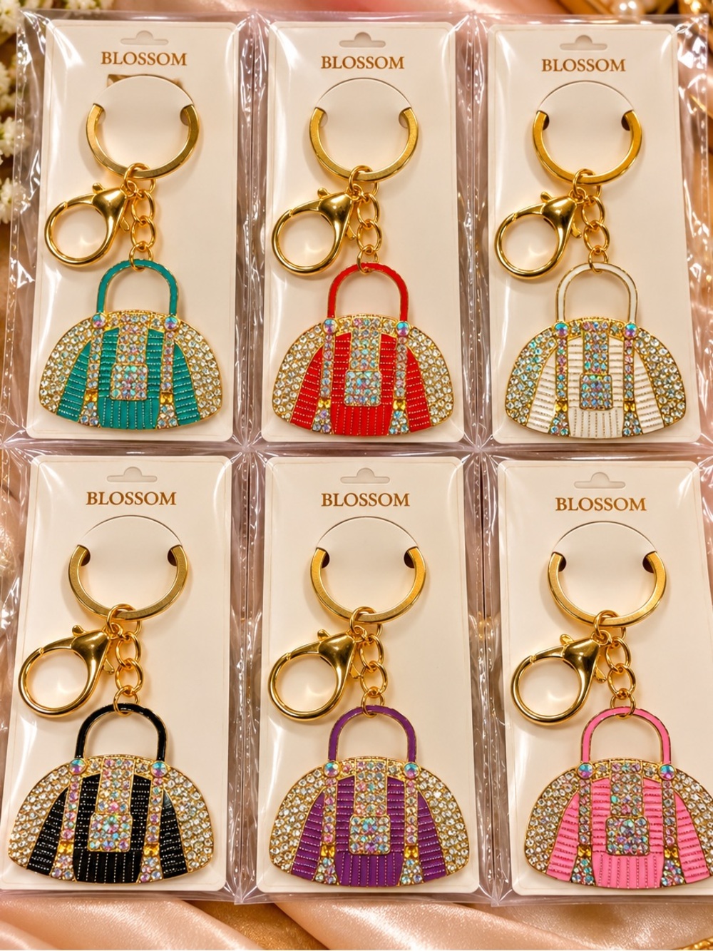 6 Gold-Tone Crystal Handbag Keychain